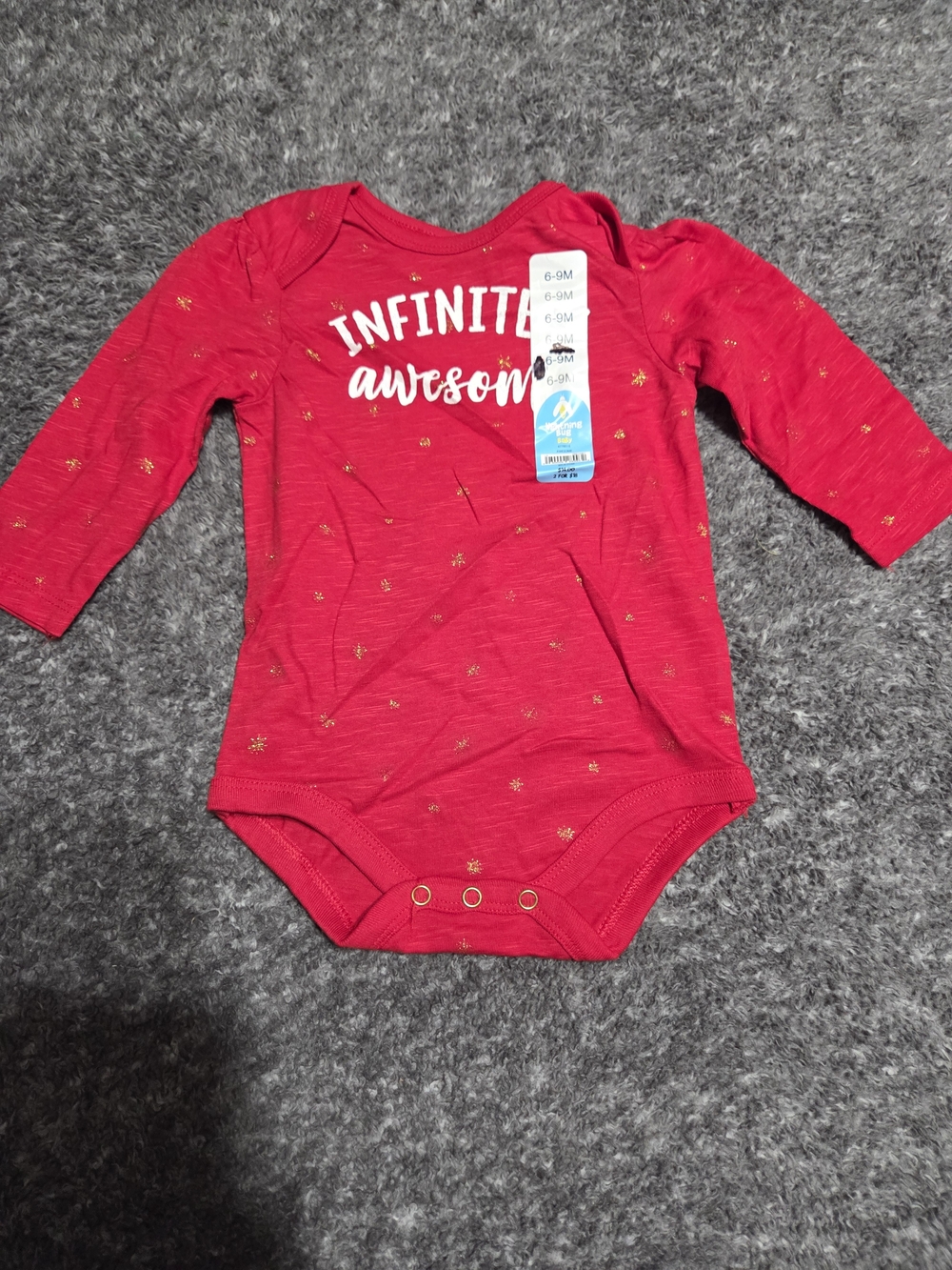Red Long-Sleeve Baby One-Piece with 'Infinite Awesome' Text